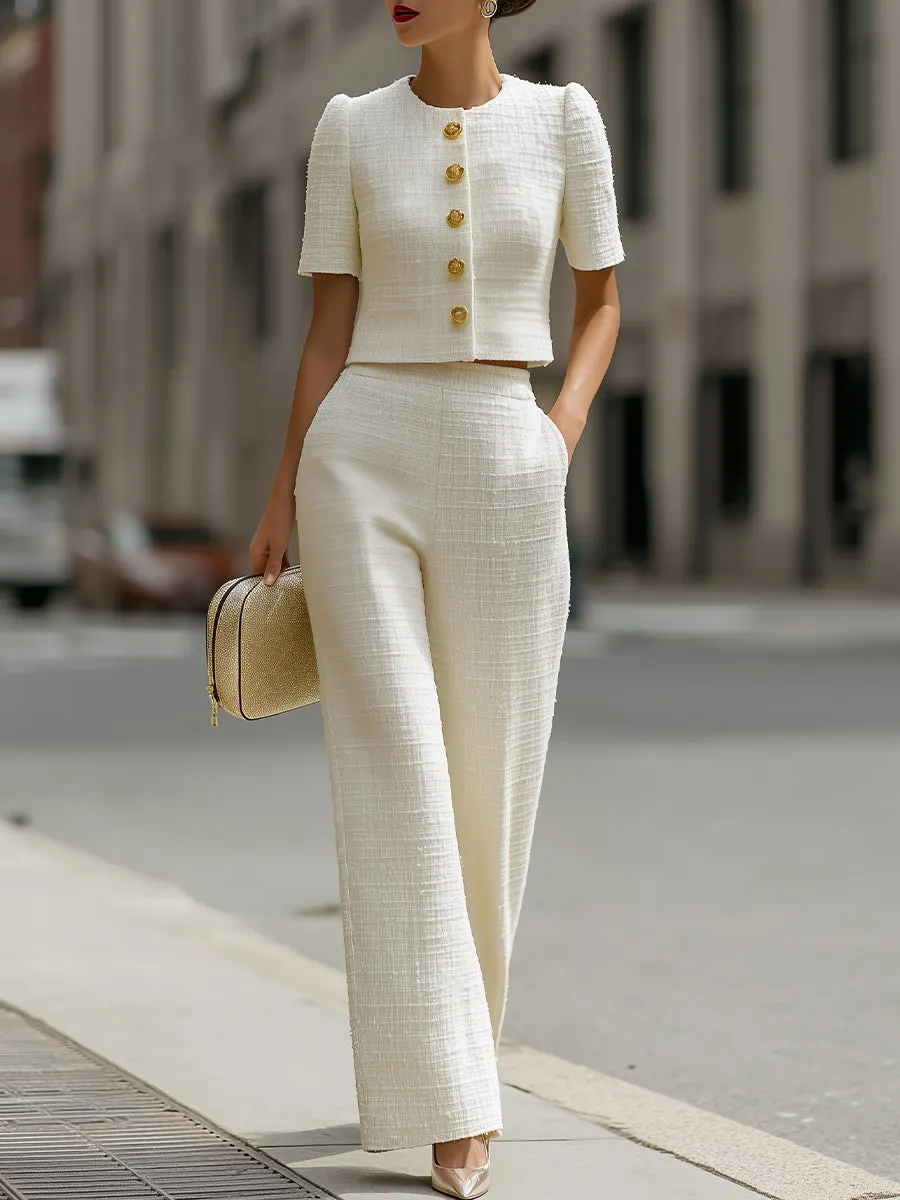QUEENWAY | Tweed Cropped Short-Sleeve Jacket & High-Waisted Wide-Leg Pants Two-Piece Set