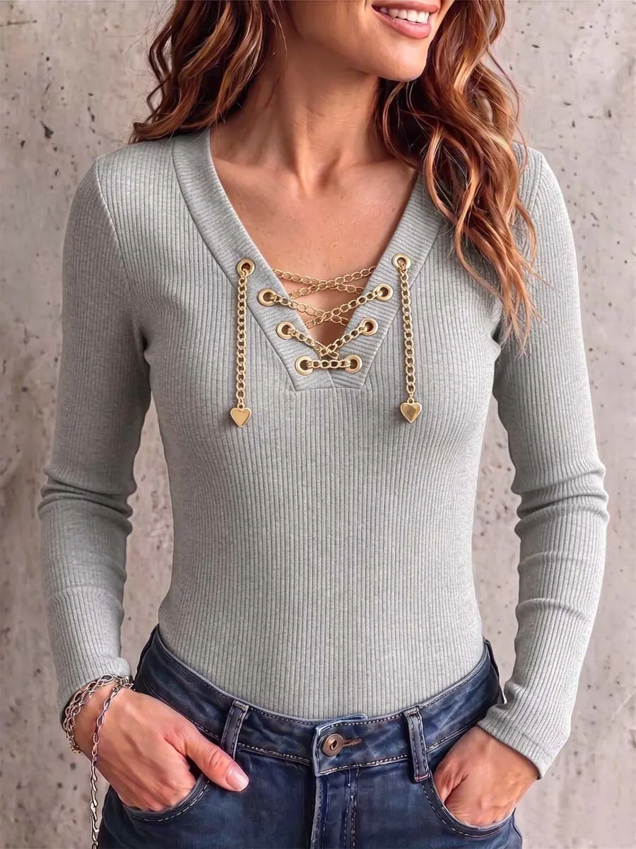 QUEENWAY | Women's Solid Color V-neck Long Sleeve Casual Loose Knitted Pullover