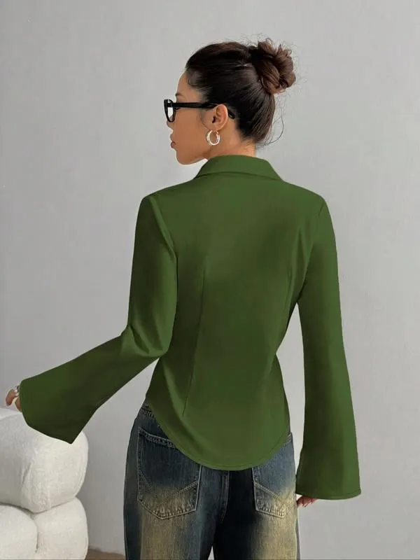 QUEENWAY | Women's Slim-Fit Button-Down Long-Sleeved Casual Shirt, Suitable for Daily Commuting