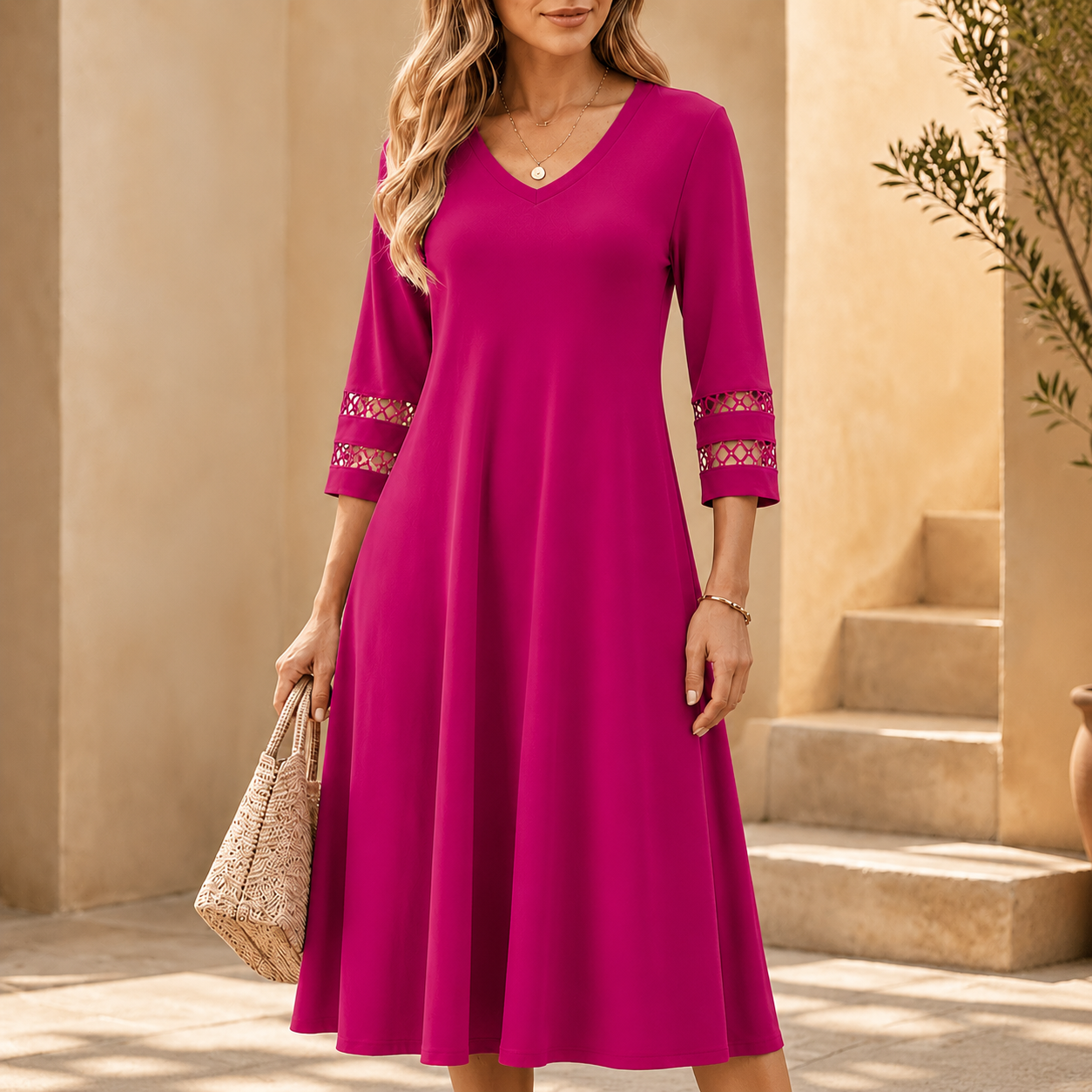 QUEENWAY | Crochet Sleeve V-Neck Pocket Midi Dress