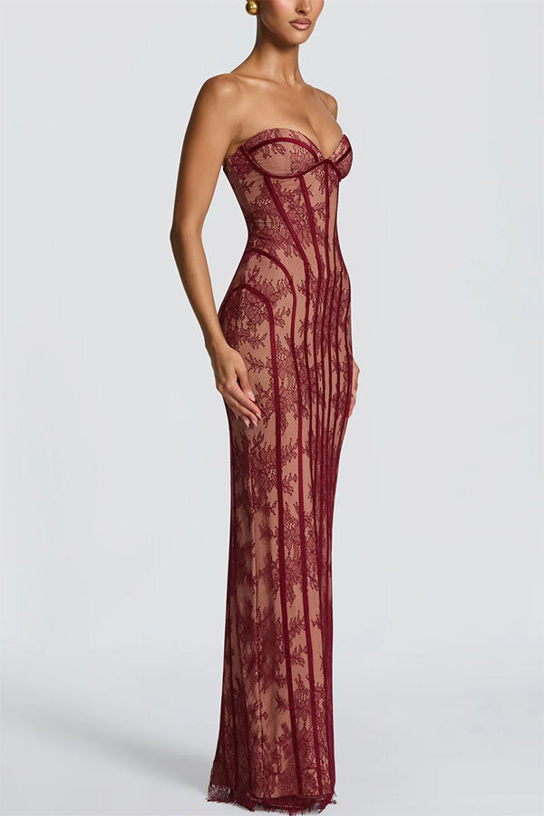 Floral Lace Contrast Structural Detail Back Lace-up Strapless Slit Maxi Dress