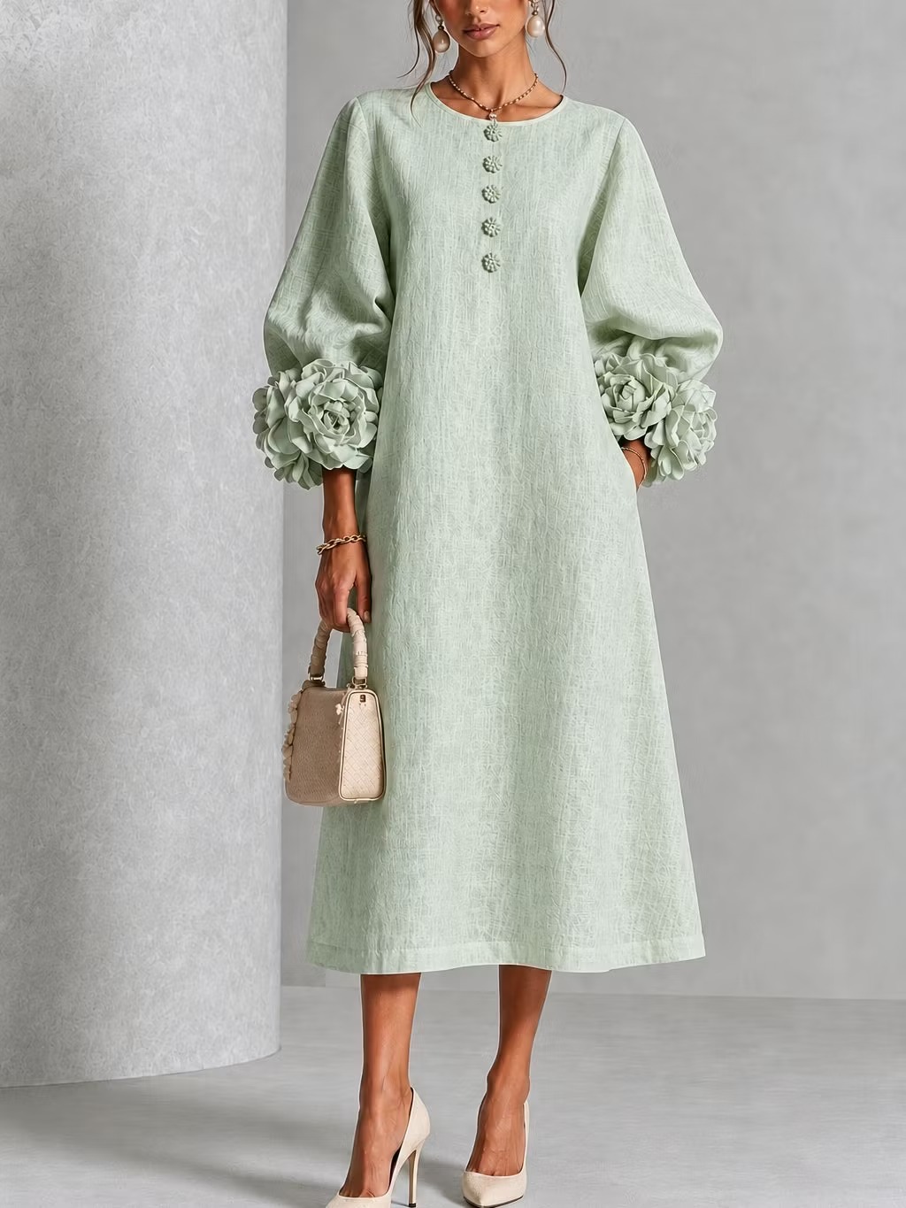 QUEENWAY | Sage Mist Floral Button-down Midi Dress With Striking Floral Cuffs