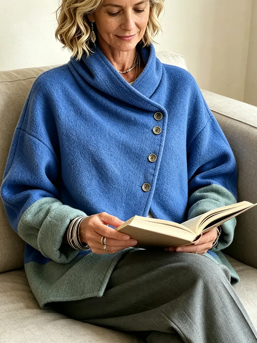QUEENWAY | Chic Two-tone Wool-blend Asymmetrical Cardigan Jacket