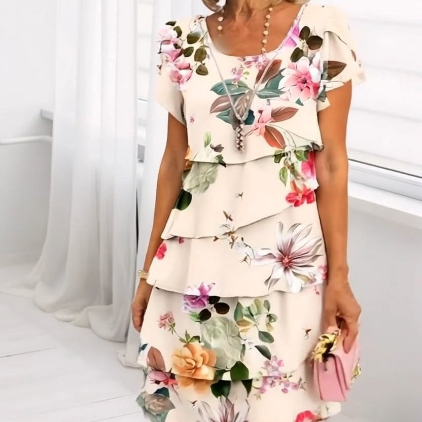 QUEENWAY | Multi-Plant Floral Print Cascade Dress