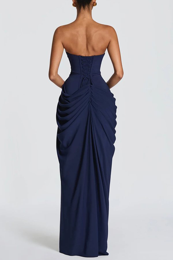 Chiffon Back Lace-up Asymmetrical Pleats Strapless Slit Maxi Dress