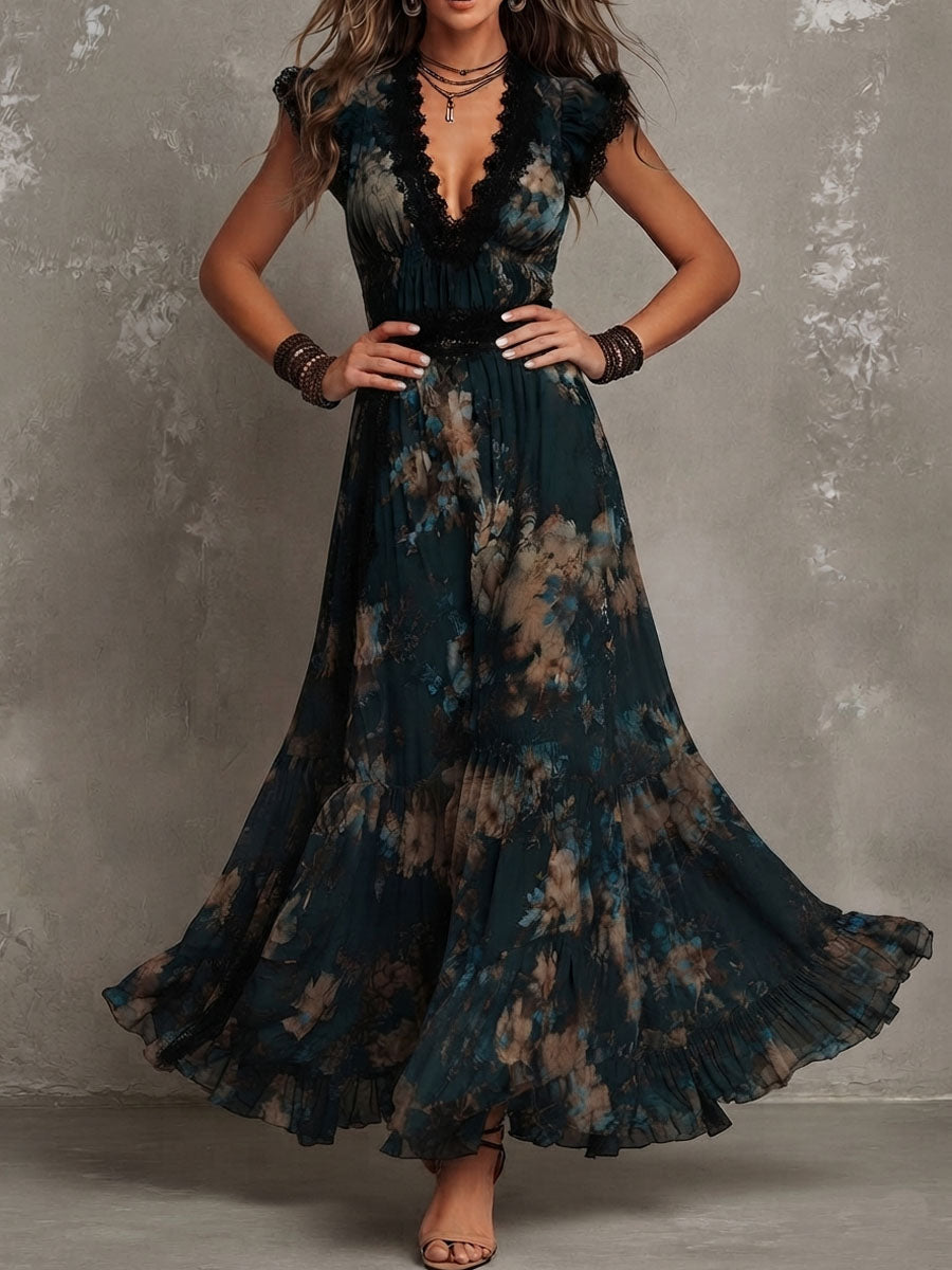 QUEENWAY | Floral Print Maxi Dress with Lace Trim