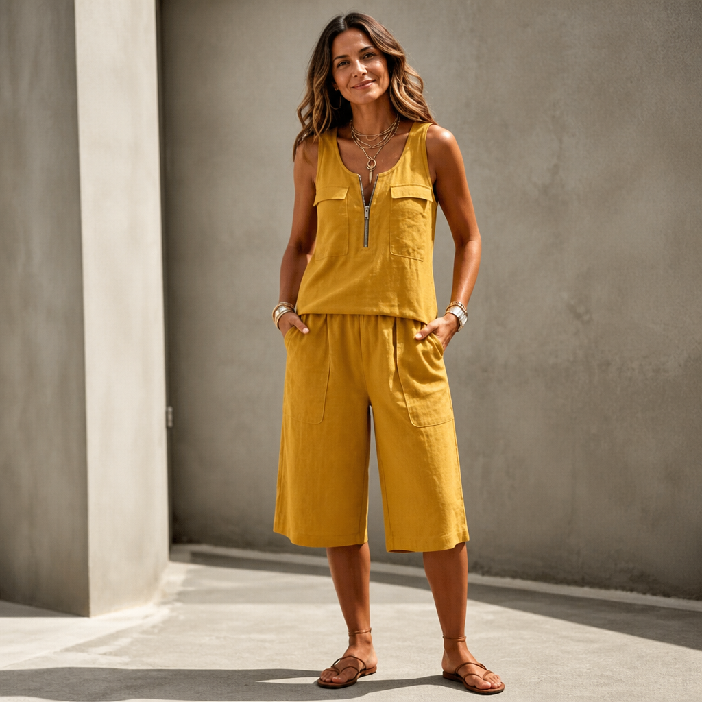 Half-Zip Sleeveless Top And Shorts Set
