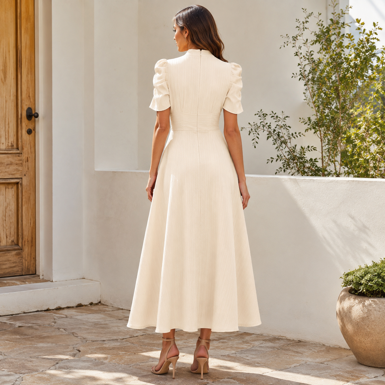 QUEENWAY | Ruched Waist Puff Sleeve V-Neck Midi Dress