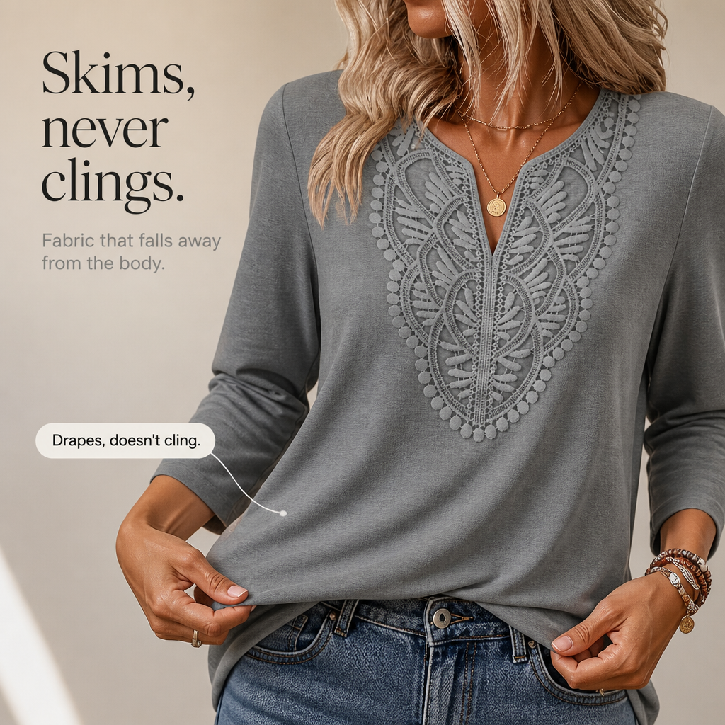 QUEENWAY | Lace Trim V-Neck Relaxed Tunic Top