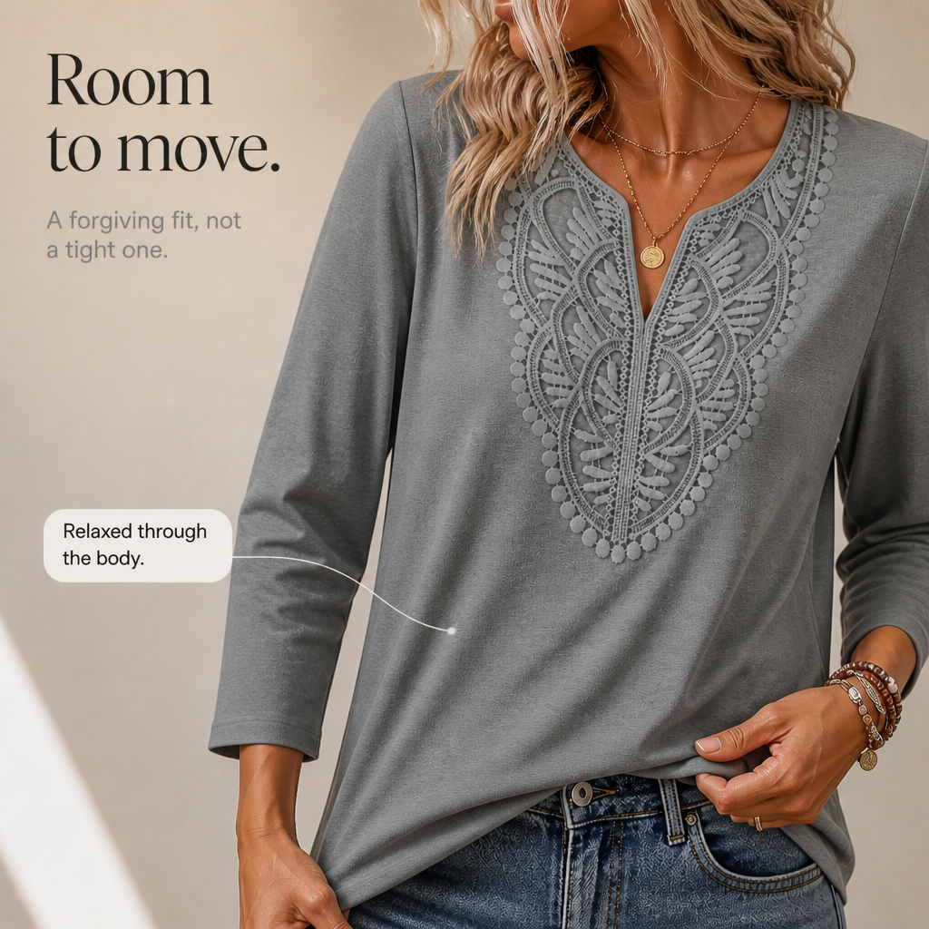 QUEENWAY | Lace Trim V-Neck Relaxed Tunic Top