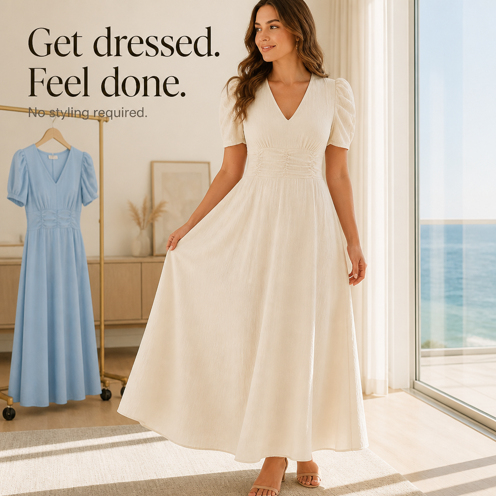 QUEENWAY | Ruched Waist Puff Sleeve V-Neck Midi Dress