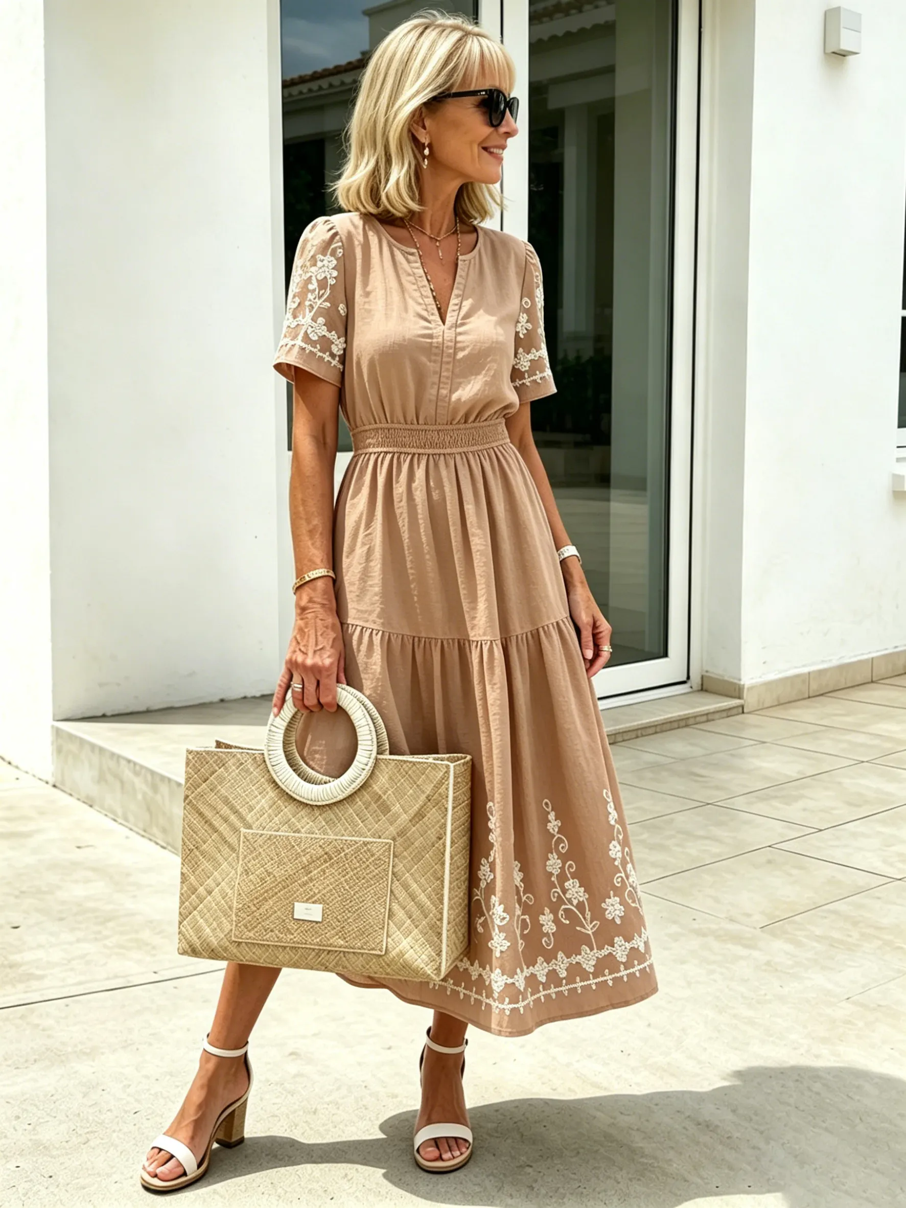 QUEENWAY | Simia Floral Short-sleeved Dress V-neck A-shaped Skirt