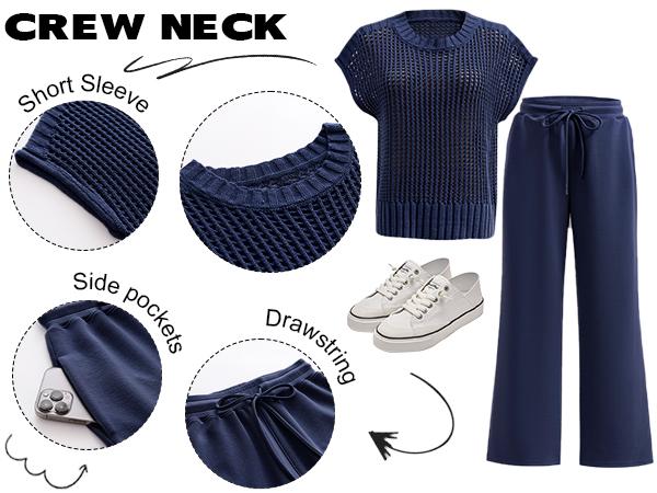 ANRABESS Women's Summer 2-Piece Crochet Sheer Knit Round Neck Shortsleeve Sweater Top & Wide Leg Pants Matching Clothes Set, Comfortable for Vacation & Going Out