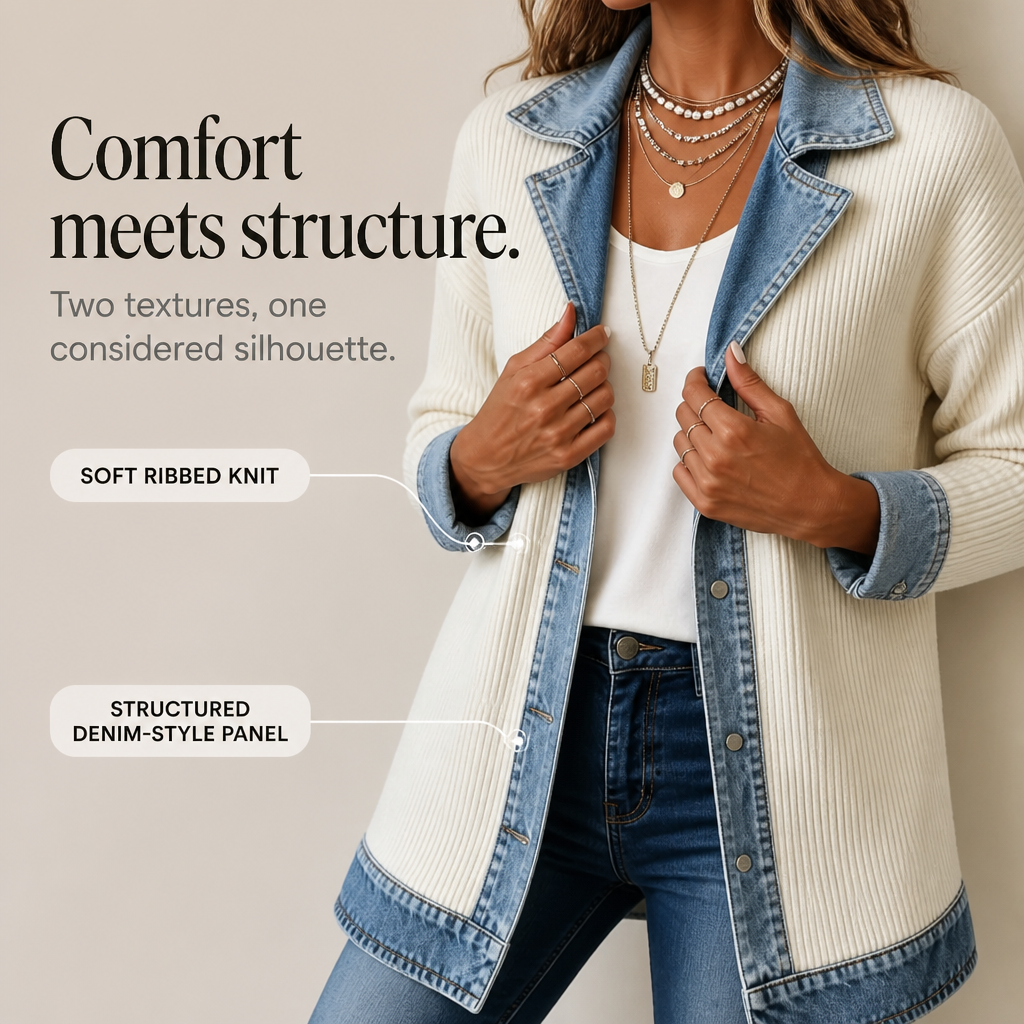 QUEENWAY | Ribbed Knit Coat With Denim Panels