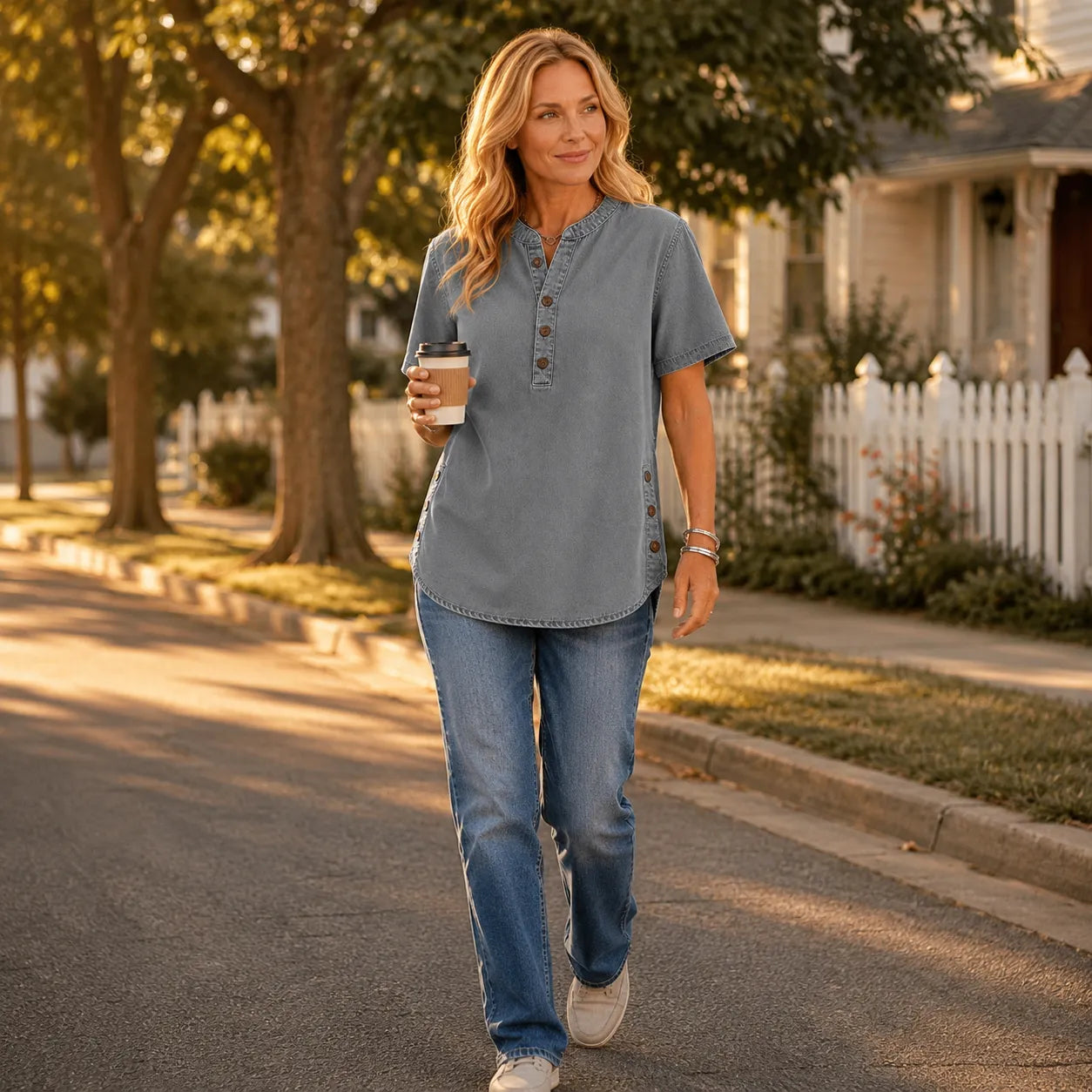 Women's Long Denim Shirt – V-Neck Short-Sleeve Pullover (2026)