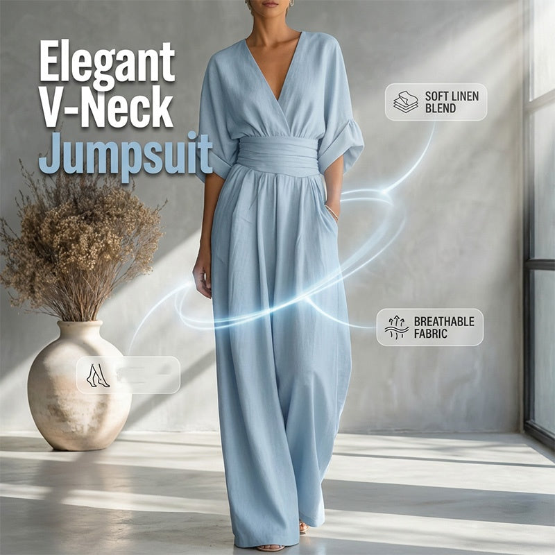 QUEENWAY | Women's Solid Color Elegant V-Neck Jumpsuit