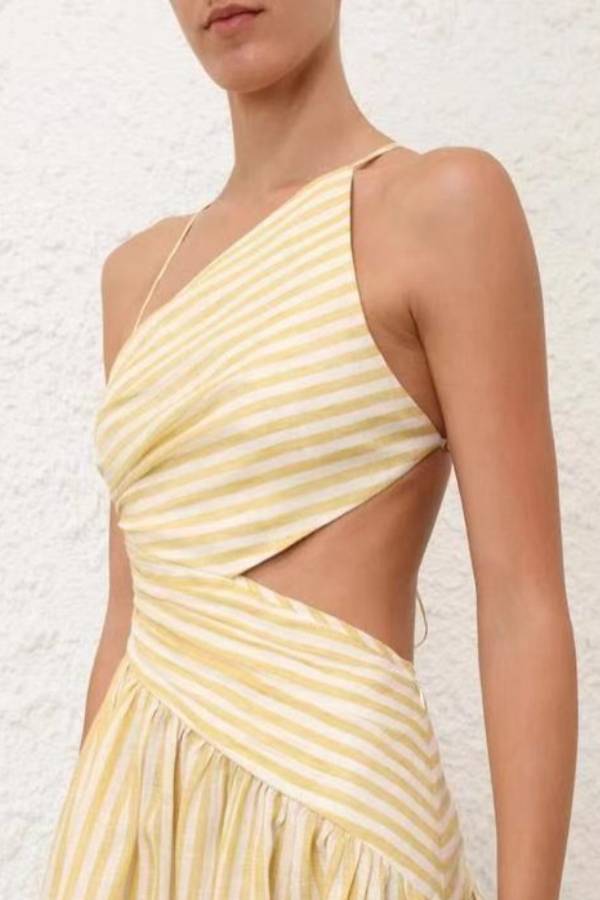 QUEENWAY | One-Shoulder Halter Stripe Cutout Flare Midi Dress