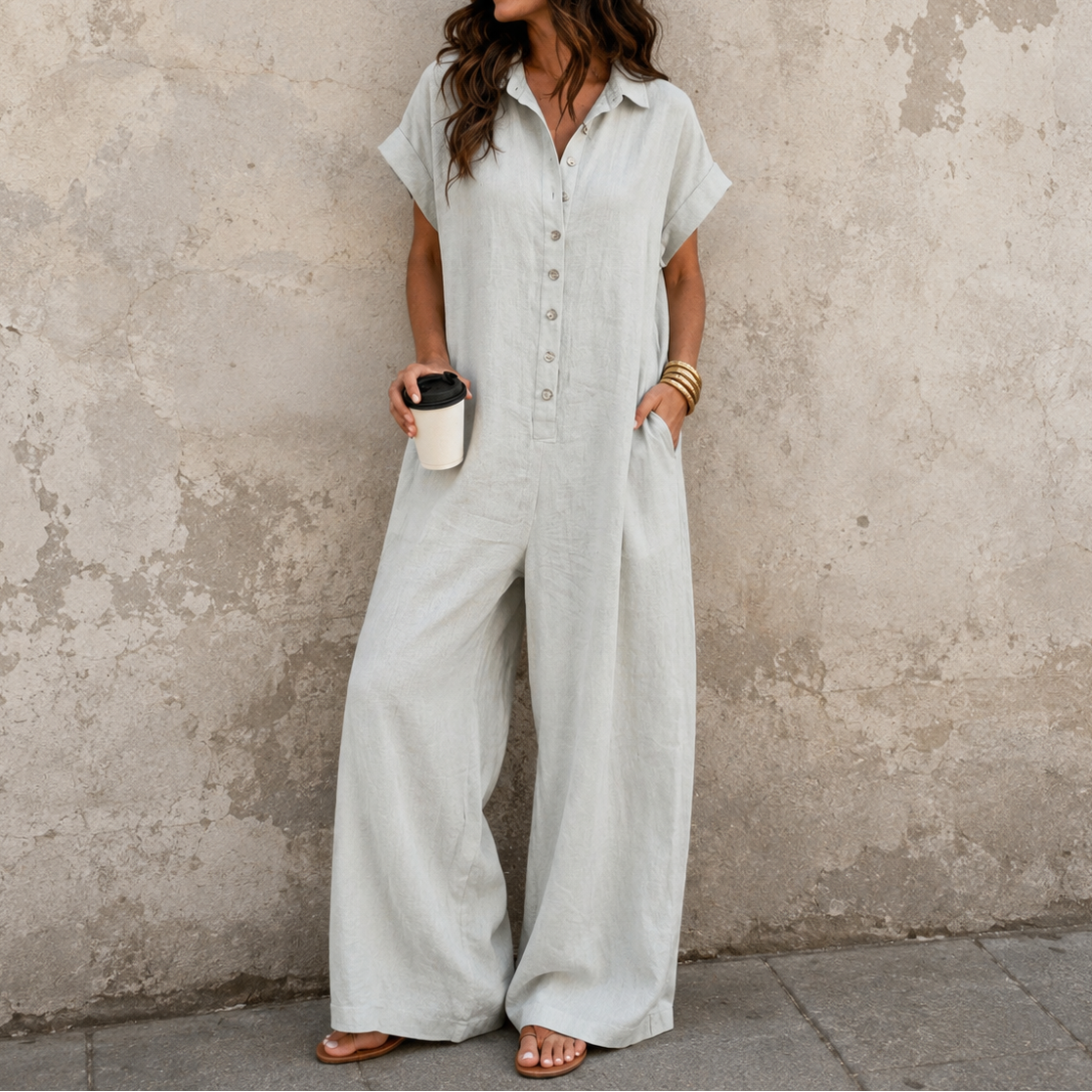 QUEENWAY | Wide-Leg Button-Front Shirt Collar Jumpsuit