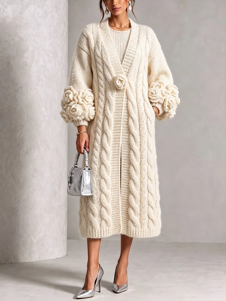 QUEENWAY | Chic Cream Floral Accented Cable-Knit Cardigan