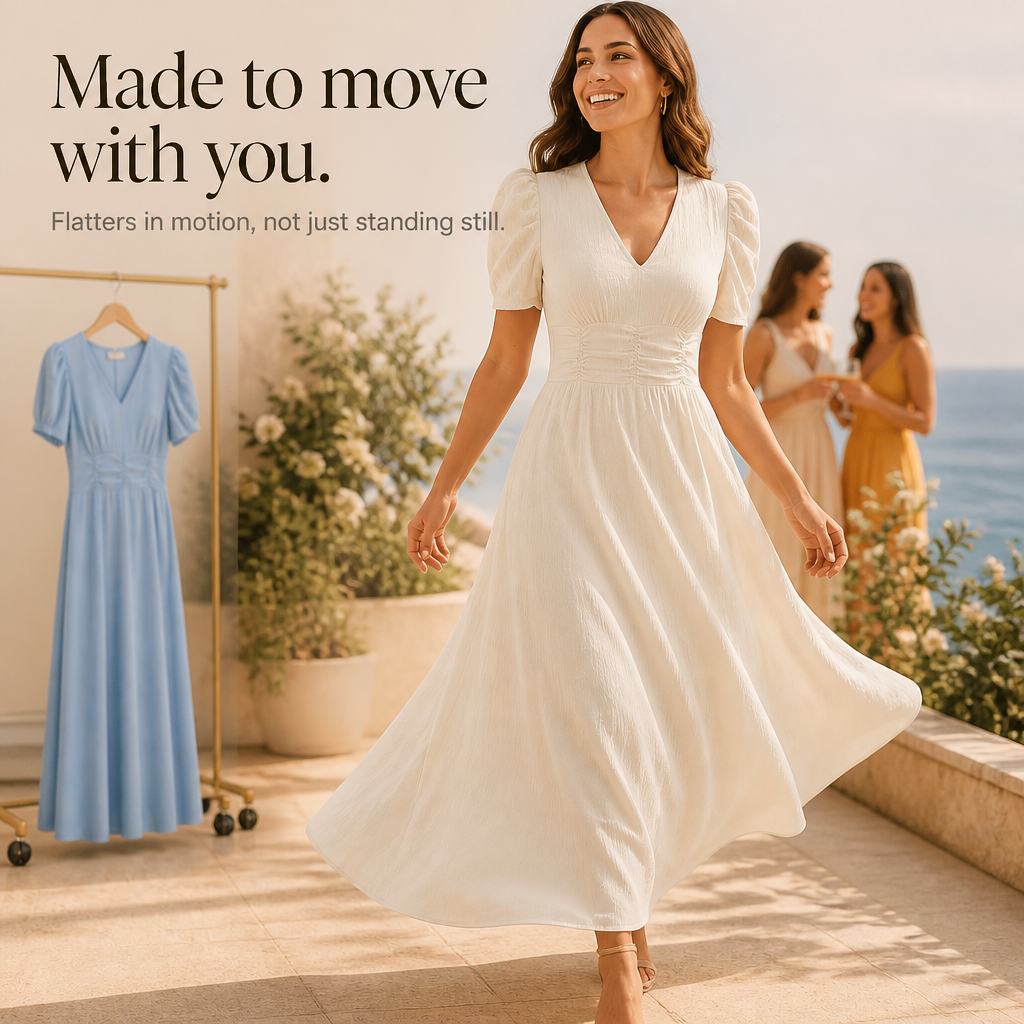 QUEENWAY | Ruched Waist Puff Sleeve V-Neck Midi Dress