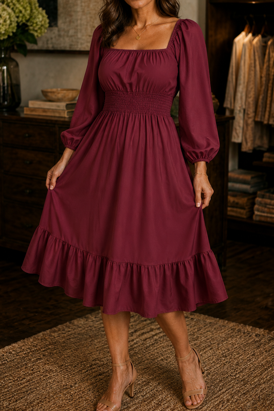 QUEENWAY | Smocked Square Neck Ruffled Midi Dress