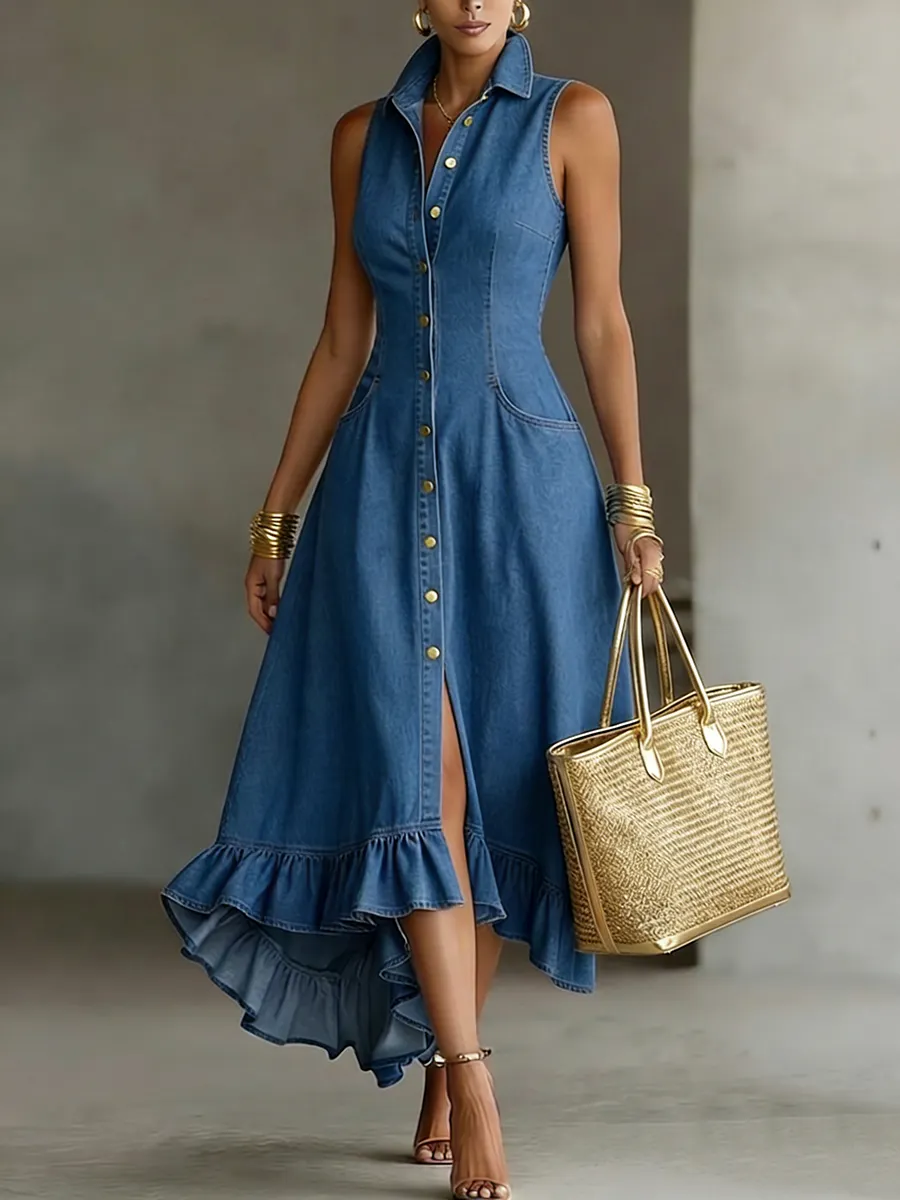 🔥 HOT SALE 49% Off 🔥 Elegant Lapel Button-front Denim Midi Dress