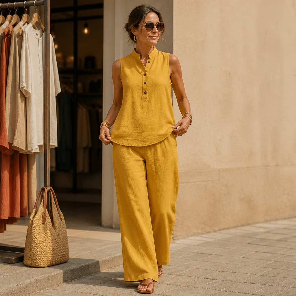 Stand-Collar Top And Wide-Leg Pants Set