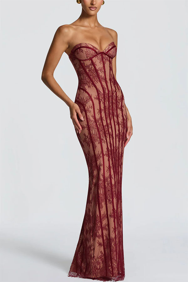 Floral Lace Contrast Structural Detail Back Lace-up Strapless Slit Maxi Dress