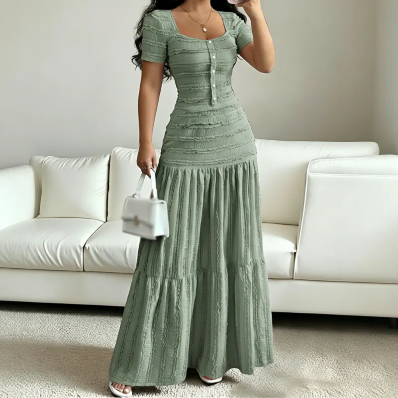 QUEENWAY | 👗 Women's Square Neck Dress Set – Crinkled Fabric, Tiered Skirt, Elegant 🍷