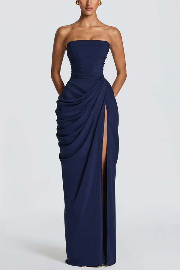 Chiffon Back Lace-up Asymmetrical Pleats Strapless Slit Maxi Dress