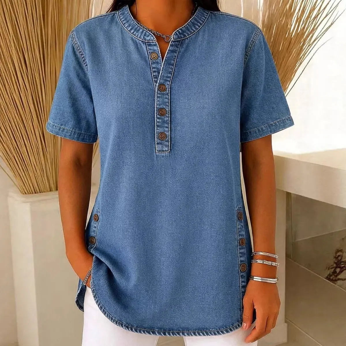 Women's Long Denim Shirt – V-Neck Short-Sleeve Pullover (2026)