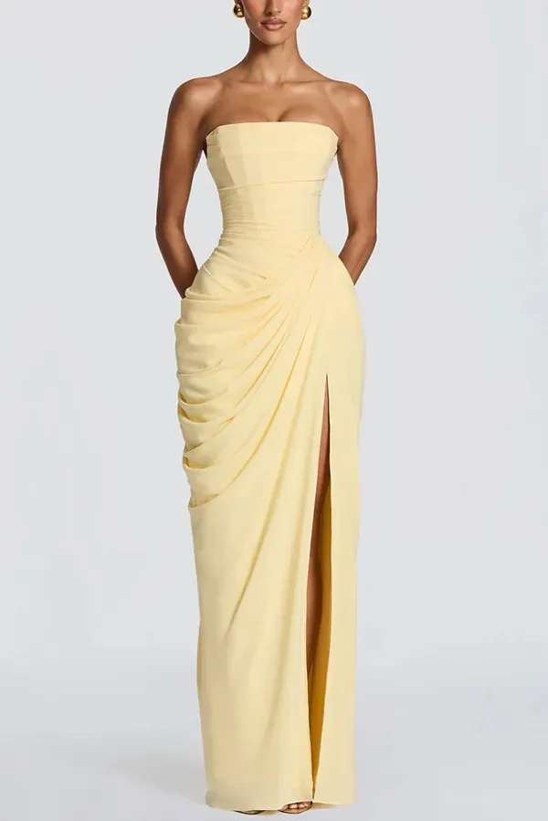 Chiffon Back Lace-up Asymmetrical Pleats Strapless Slit Maxi Dress