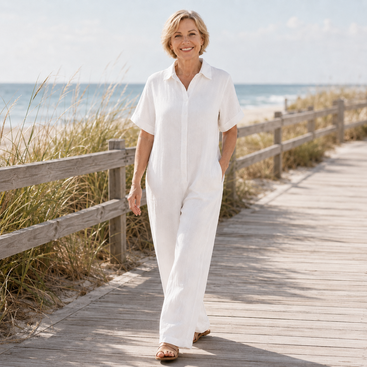 QUEENWAY | Wide-Leg Button-Front Shirt Collar Jumpsuit