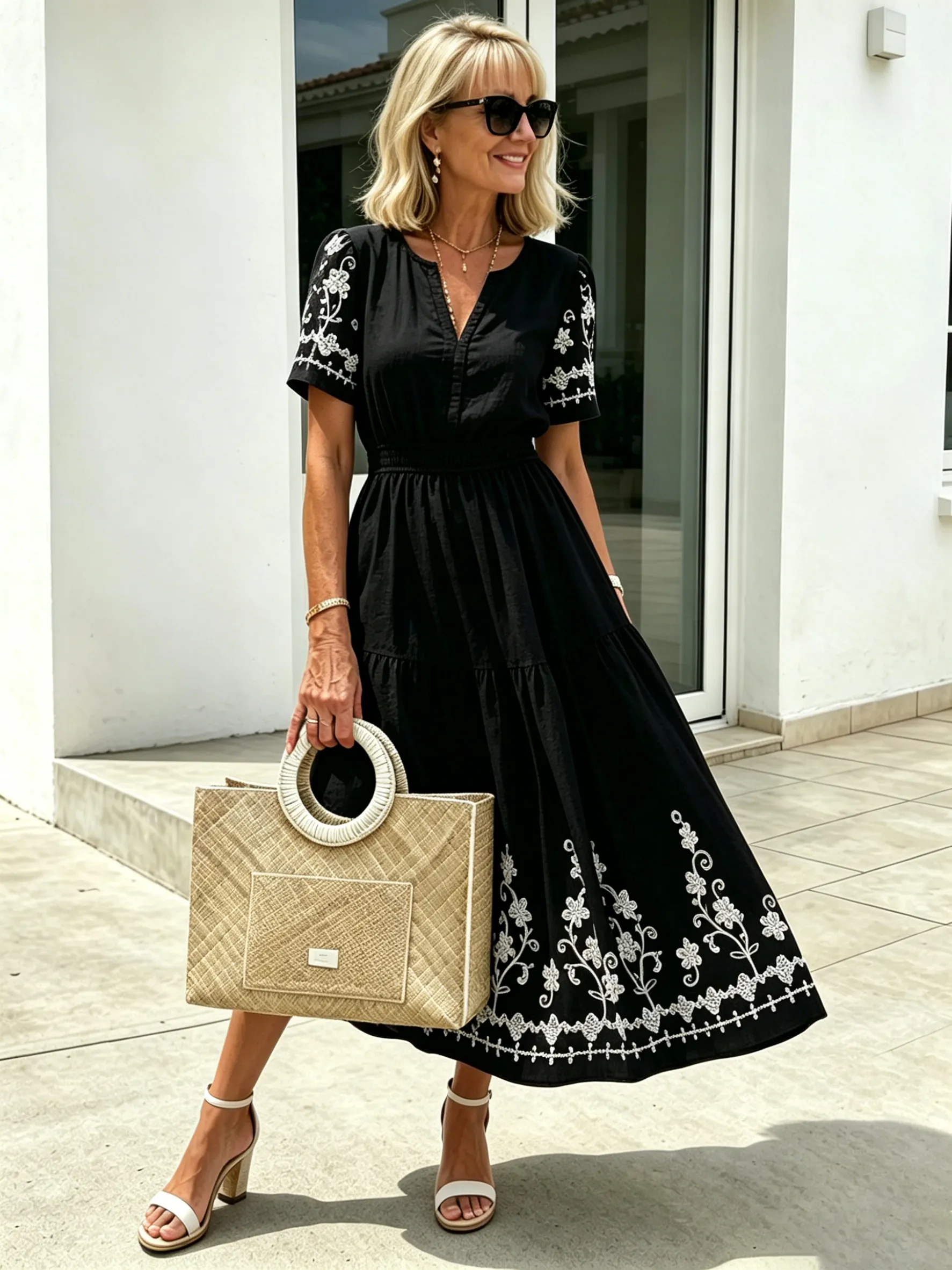 QUEENWAY | Simia Floral Short-sleeved Dress V-neck A-shaped Skirt