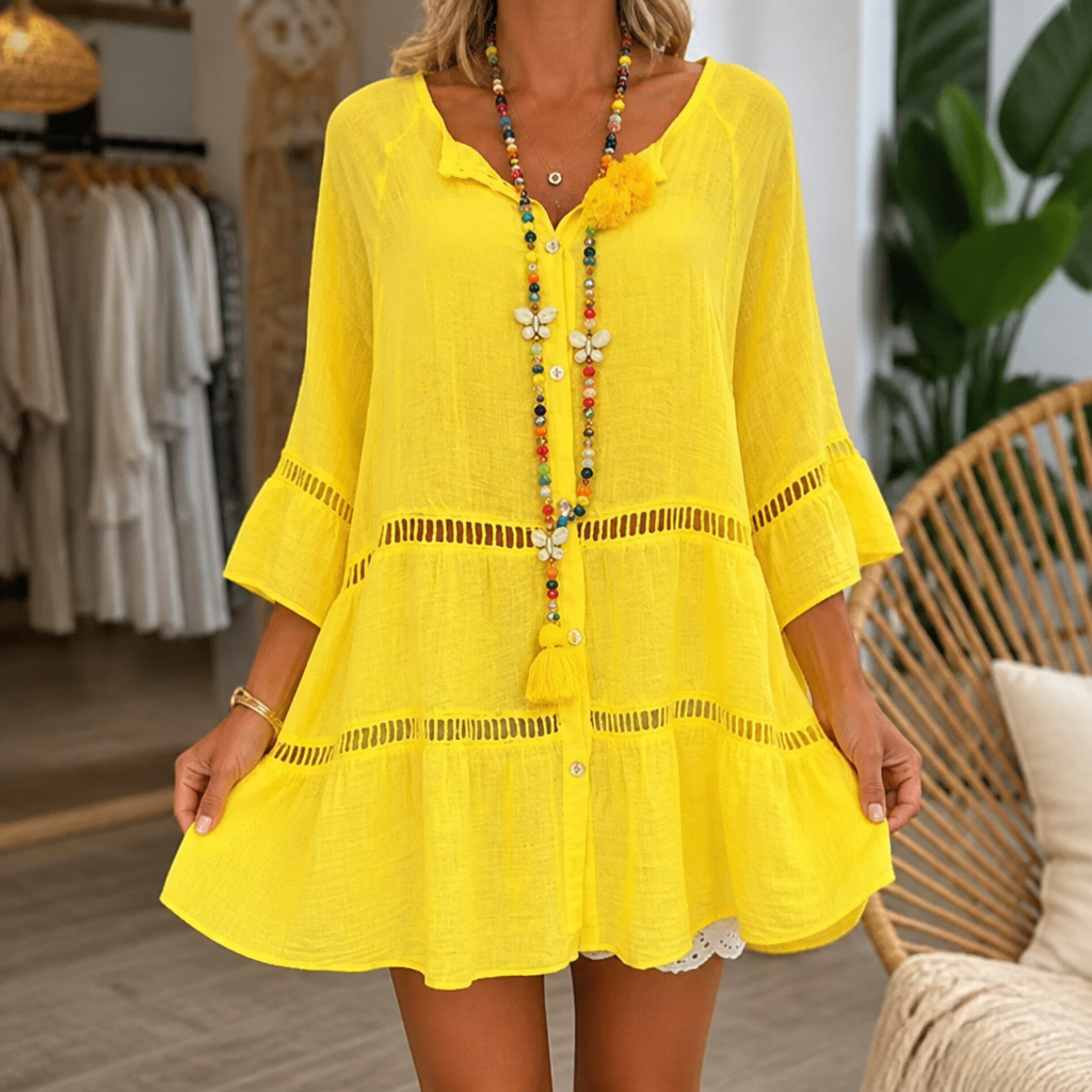 Crochet-Trim Button-Front Tunic Dress