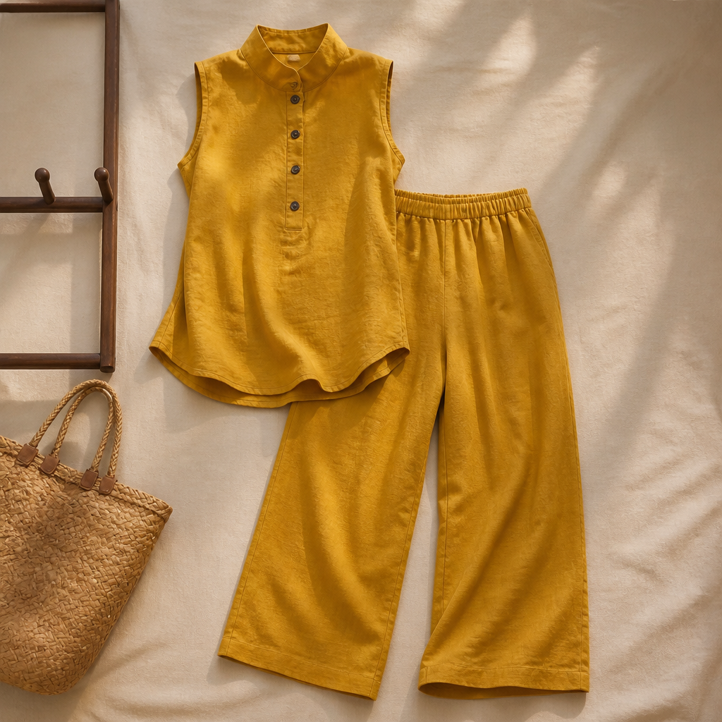 Stand-Collar Top And Wide-Leg Pants Set