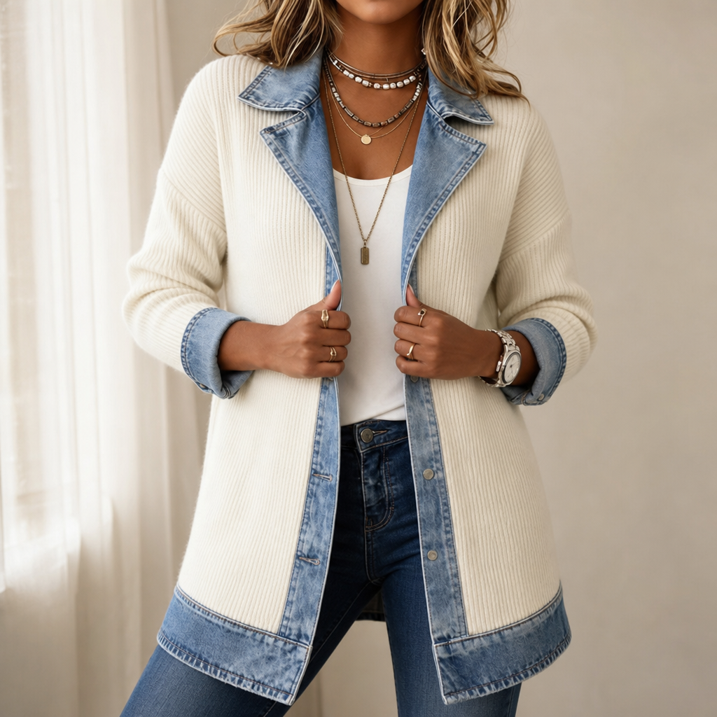 QUEENWAY | Ribbed Knit Coat With Denim Panels