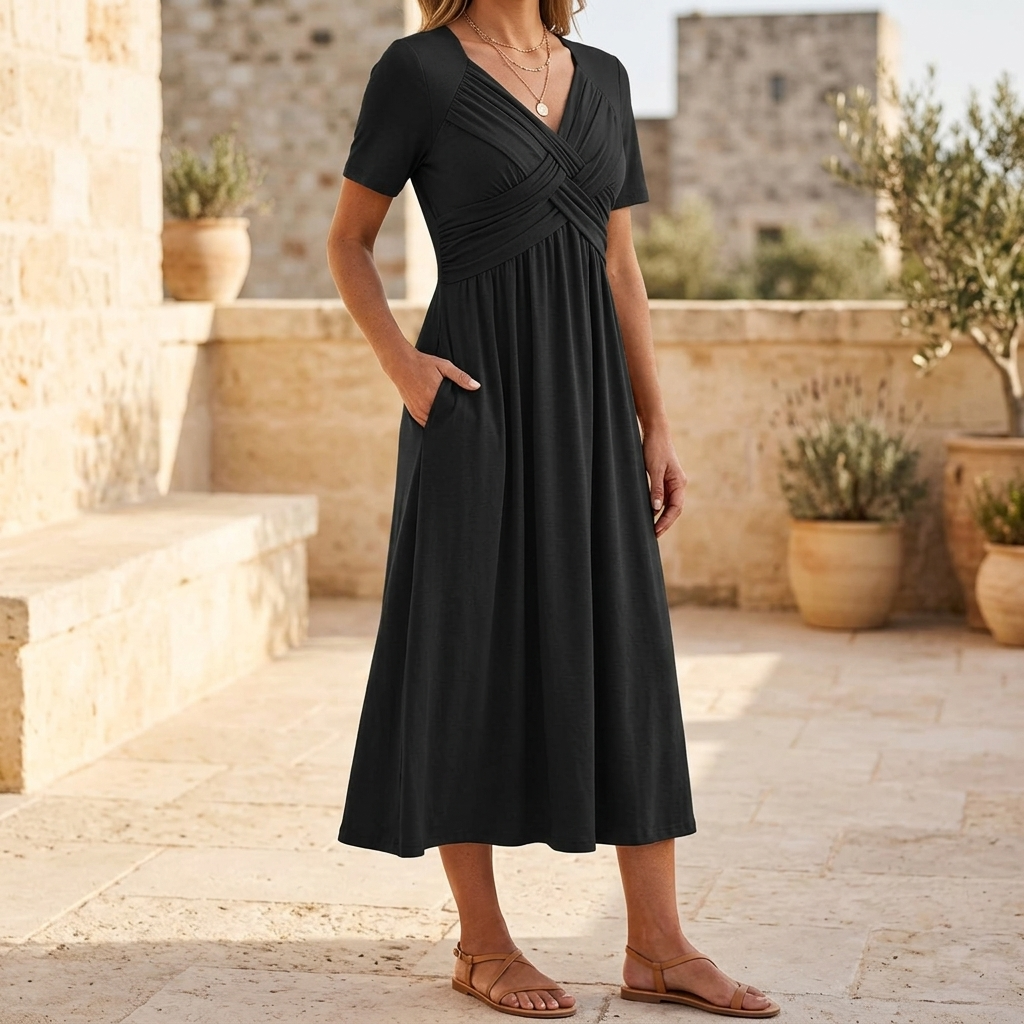 Crossover V-Neck Midi Dress with Pockets