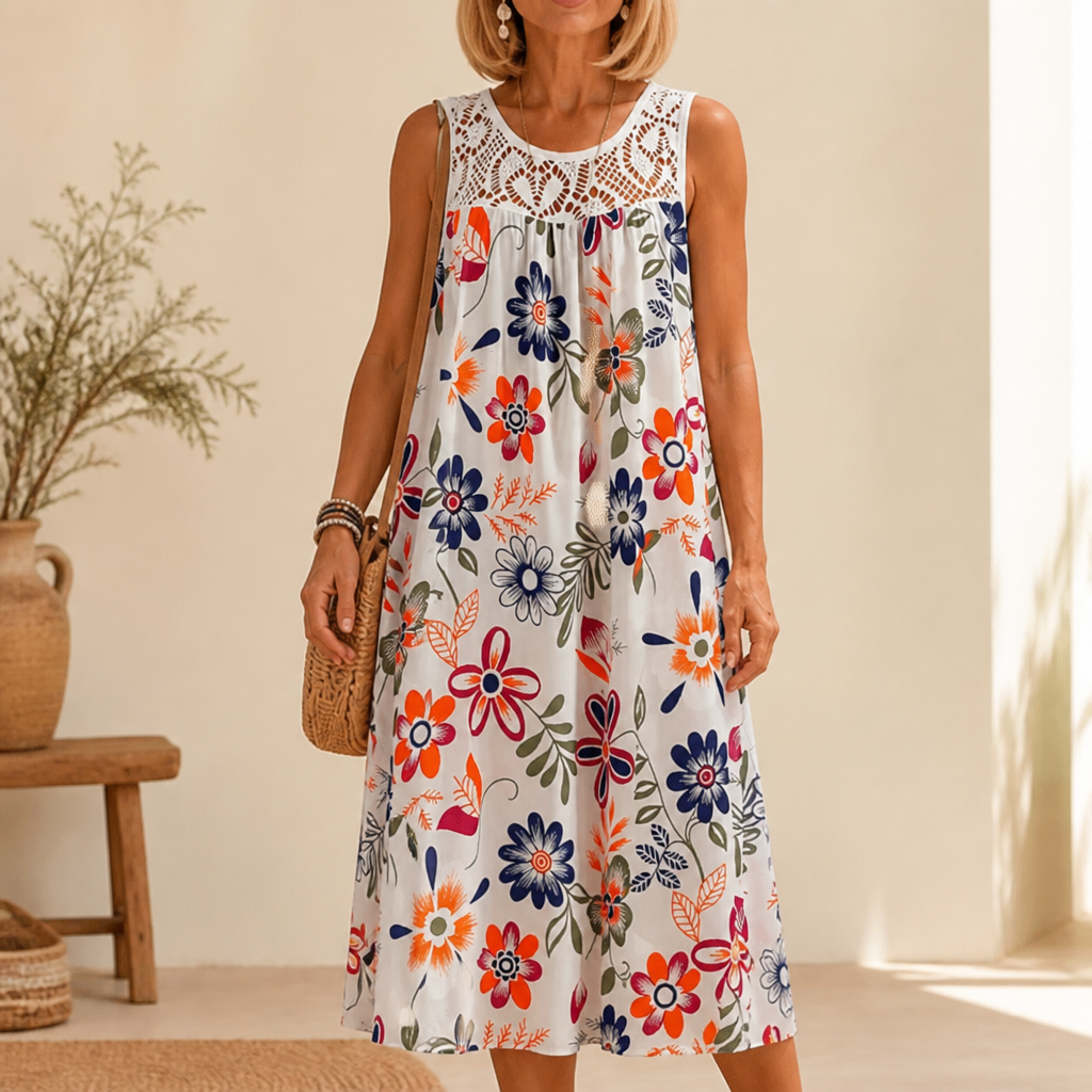 Floral Lace-Yoke Sleeveless Shift Dress