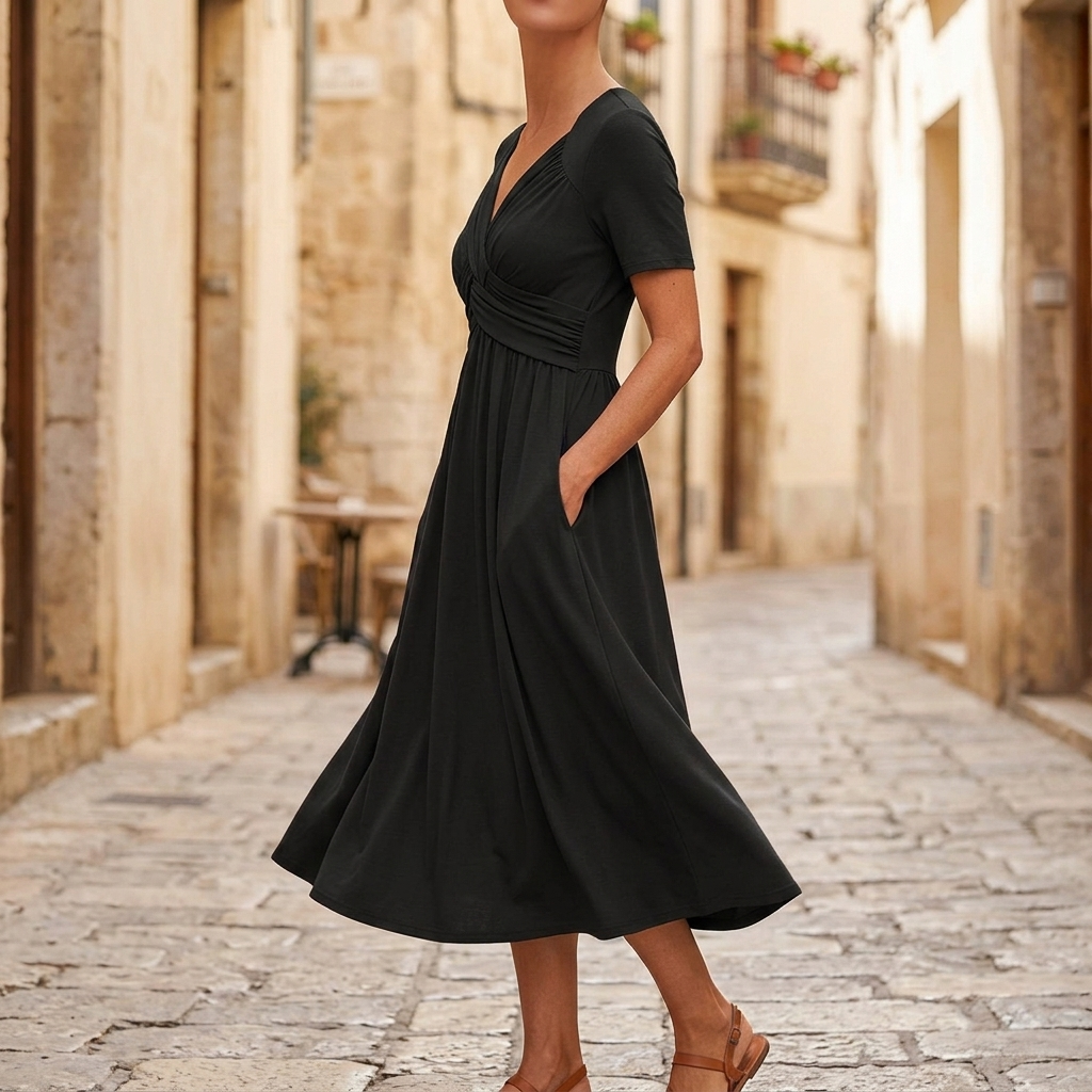 Crossover V-Neck Midi Dress with Pockets