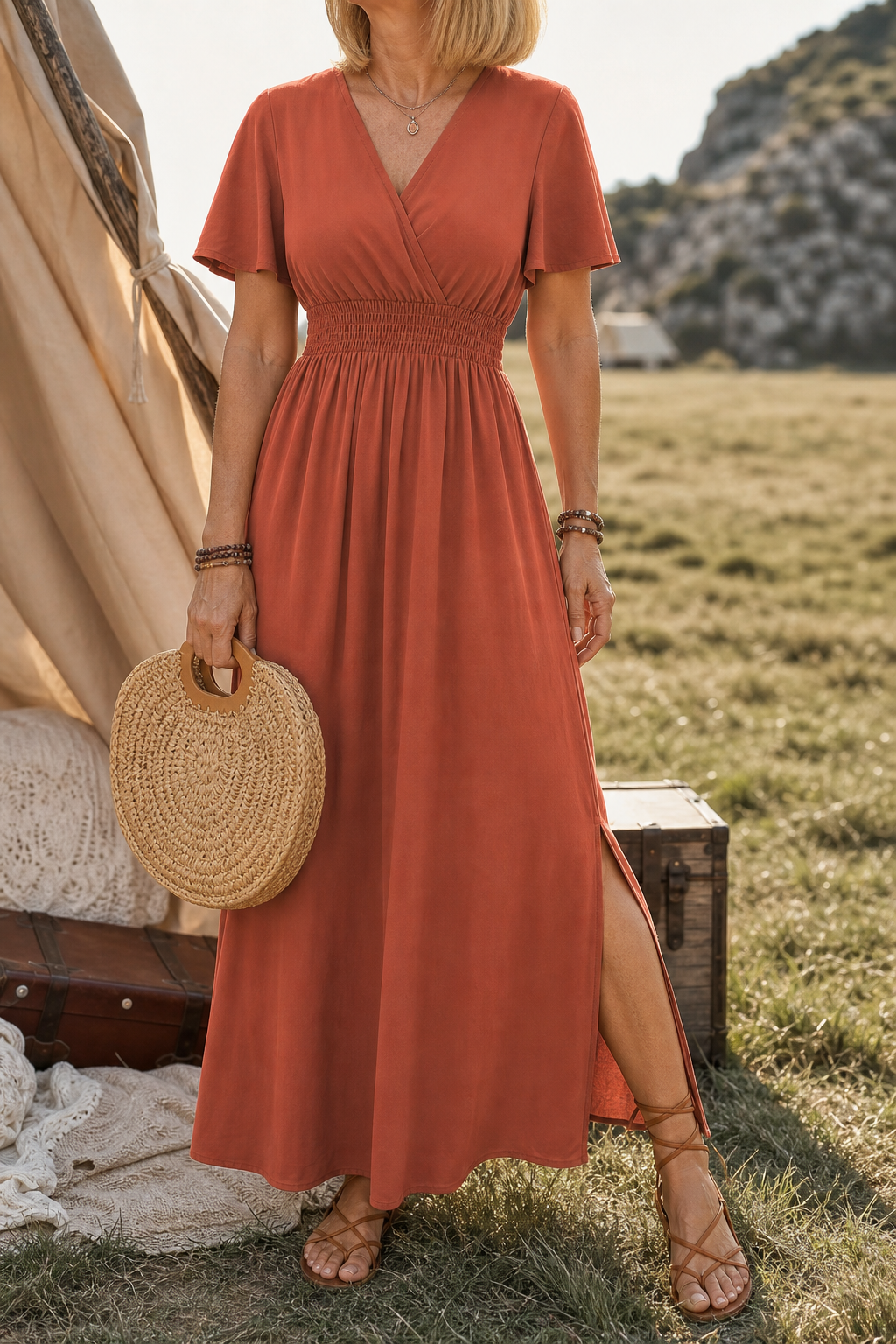 QUEENWAY | Button-Front V-Neck Side Slit Maxi Dress