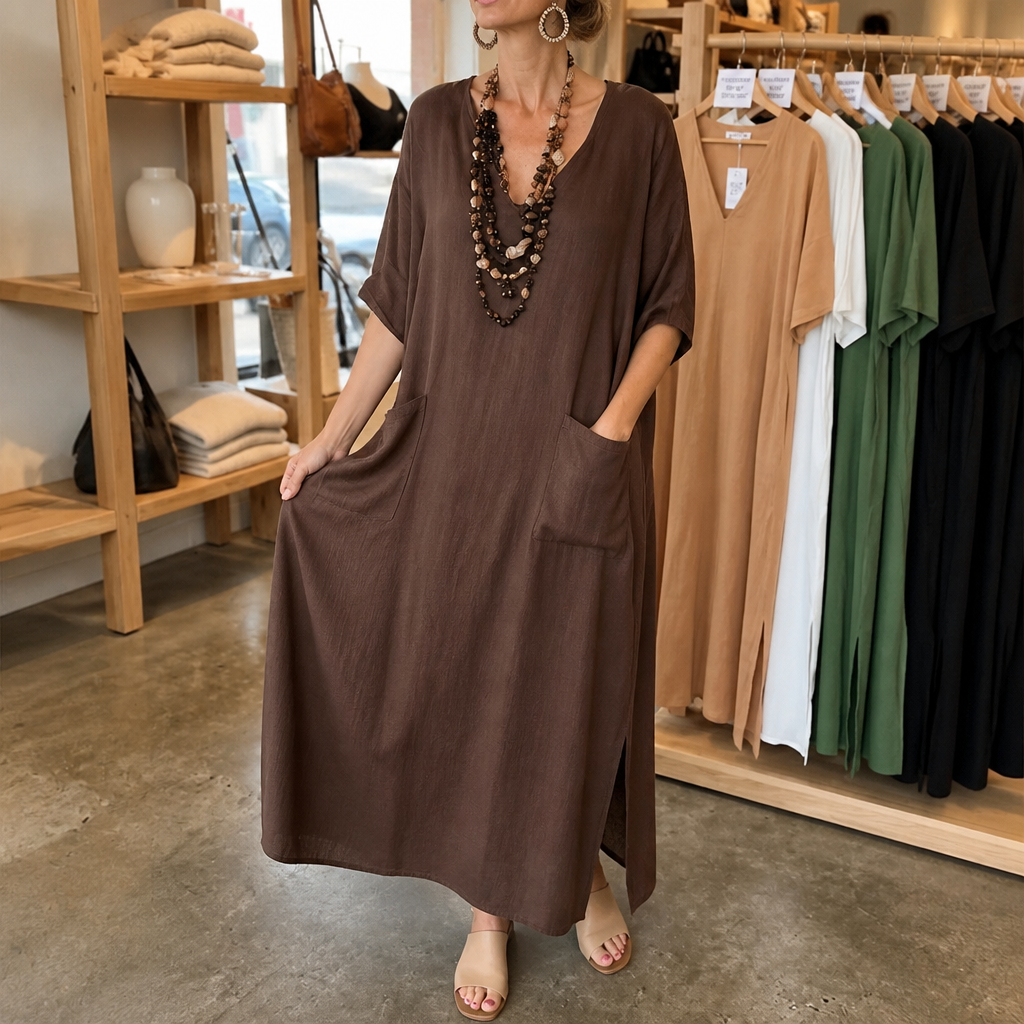 Pocketed Loose-Fit V-Neck Maxi Dress