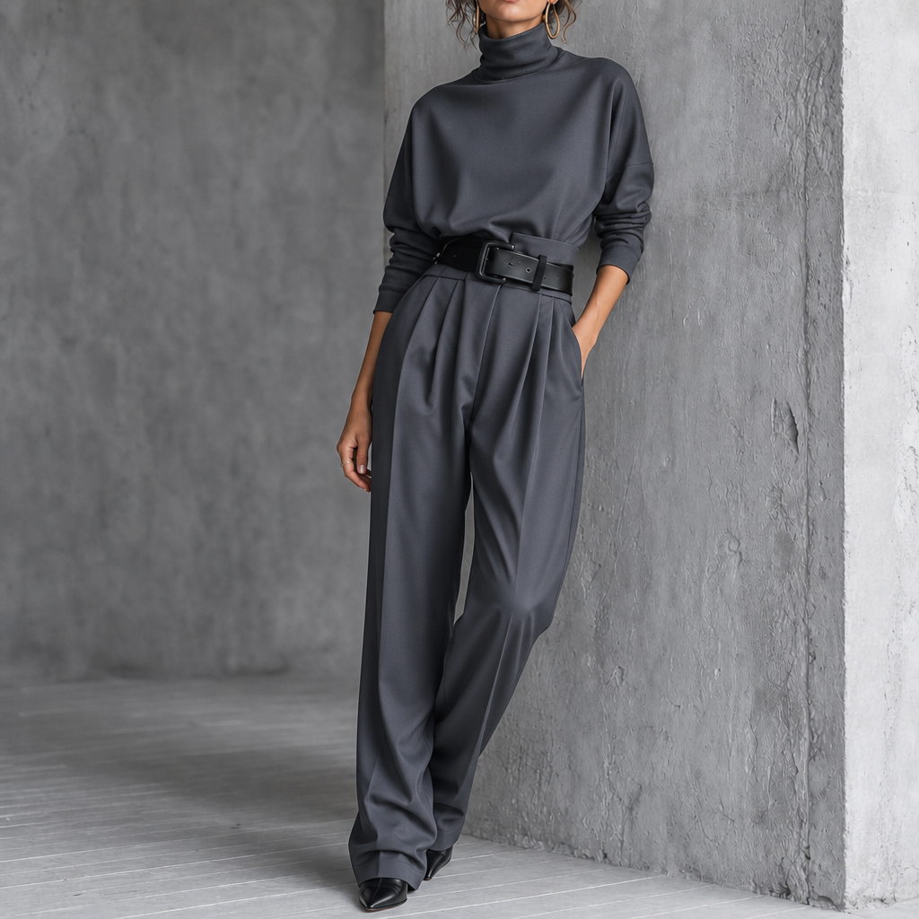 QUEENWAY | High-Waist Turtleneck And Trouser Set With Belt
