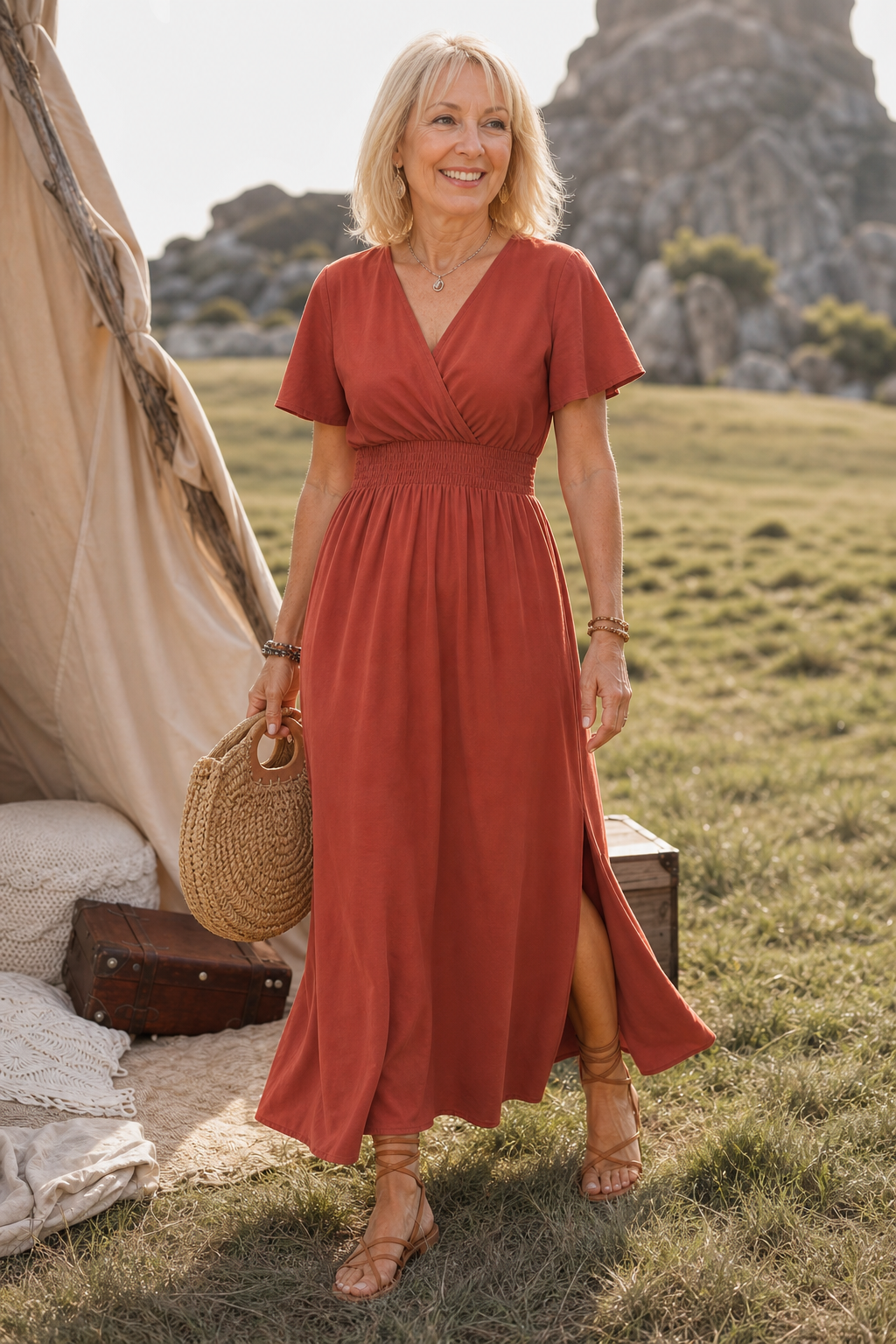 QUEENWAY | Button-Front V-Neck Side Slit Maxi Dress