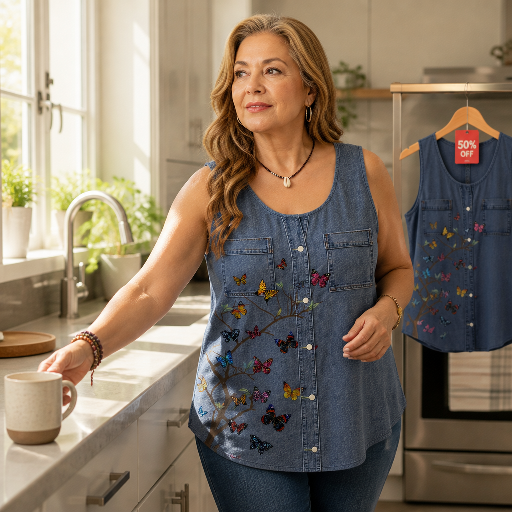 Botanical Embroidered Denim-Look Tank Top
