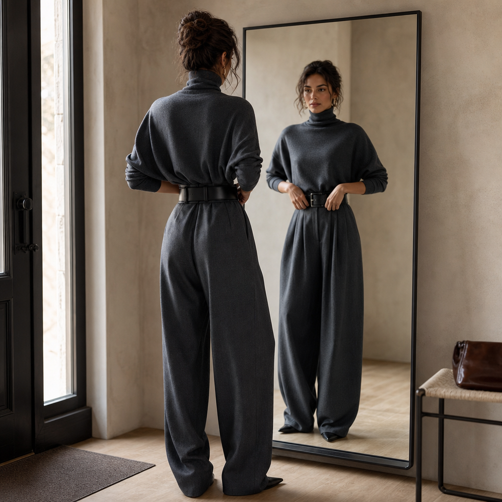 QUEENWAY | High-Waist Turtleneck And Trouser Set With Belt