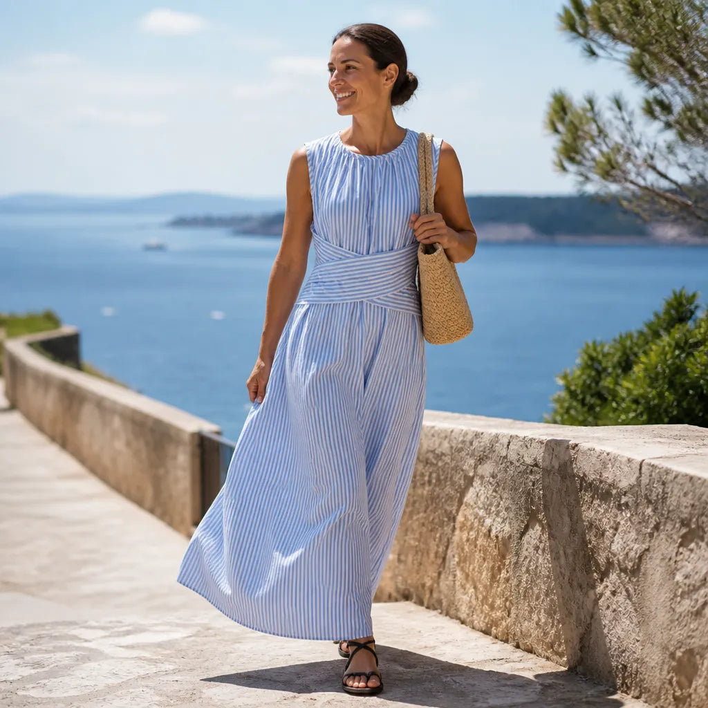 QUEENWAY | Striped Wrap Waist Maxi Dress Sleeveless