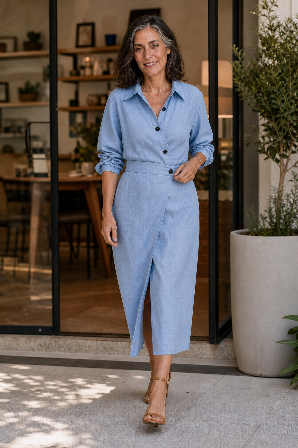 QUEENWAY | Wrap-Belt A-Line Midi Shirt Dress With Pockets