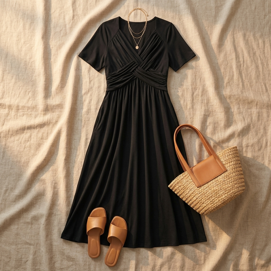 Crossover V-Neck Midi Dress with Pockets