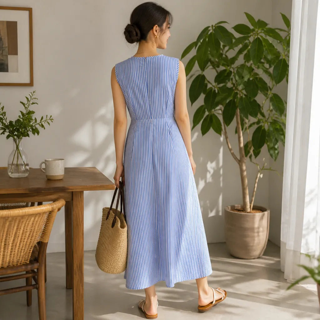 QUEENWAY | Striped Wrap Waist Maxi Dress Sleeveless